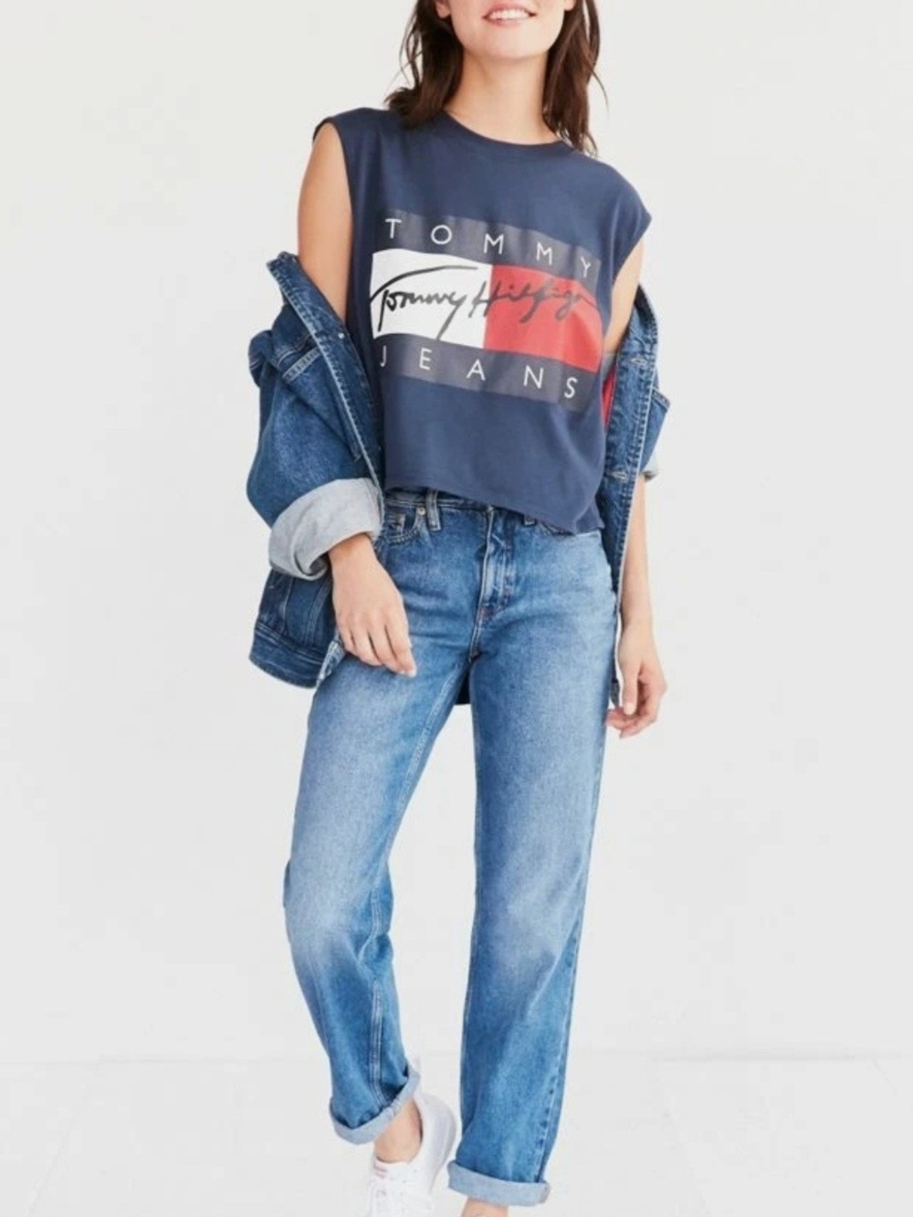 Tommy Hilfiger Jeans Distressed Flag Logo Muscle Tee Blue Size Small